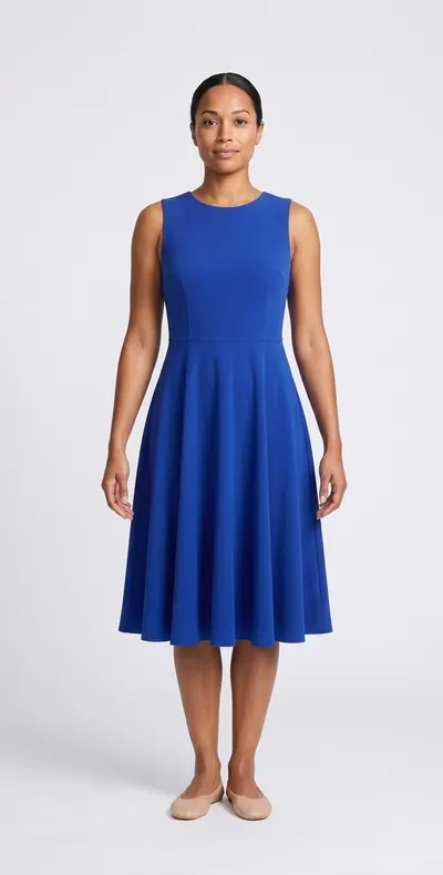 AI try-on example: the same woman in a cobalt crepe fit-and-flare dress