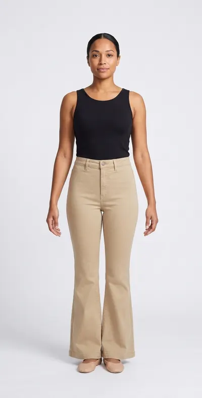 AI try-on example: the same woman in flare trousers in stone twill with a black tank top