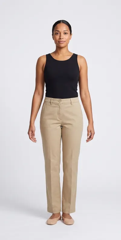 AI try-on example: the same woman in straight leg trousers in stone twill with a black tank top