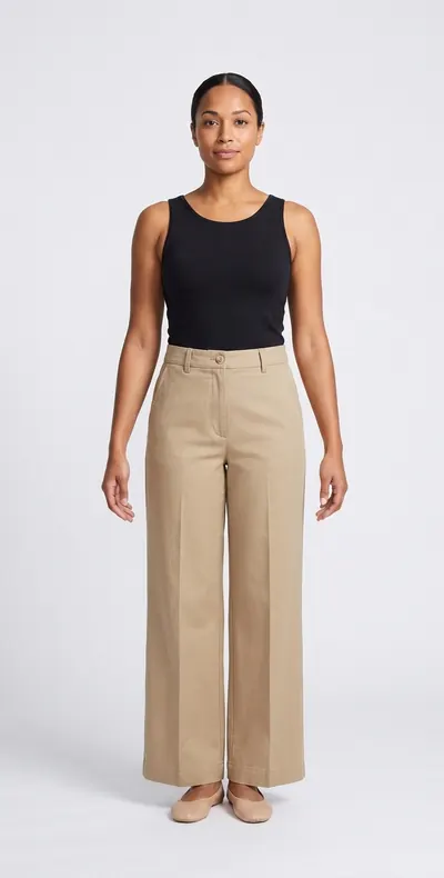 AI try-on example: the same woman in wide leg trousers in stone twill with a black tank top